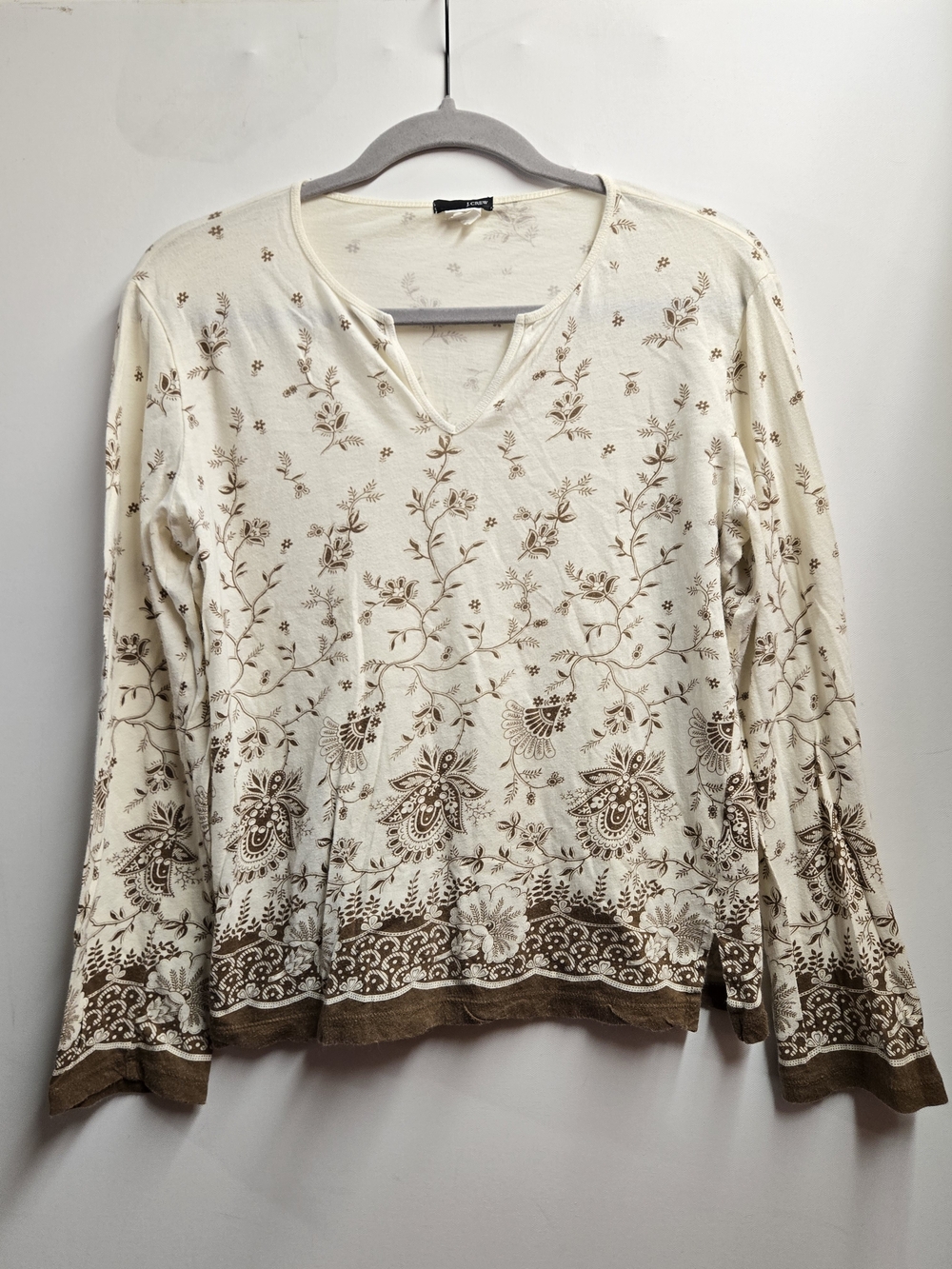 J. Crew Cream Long Sleeve V-Neck Top with Brown Floral Print